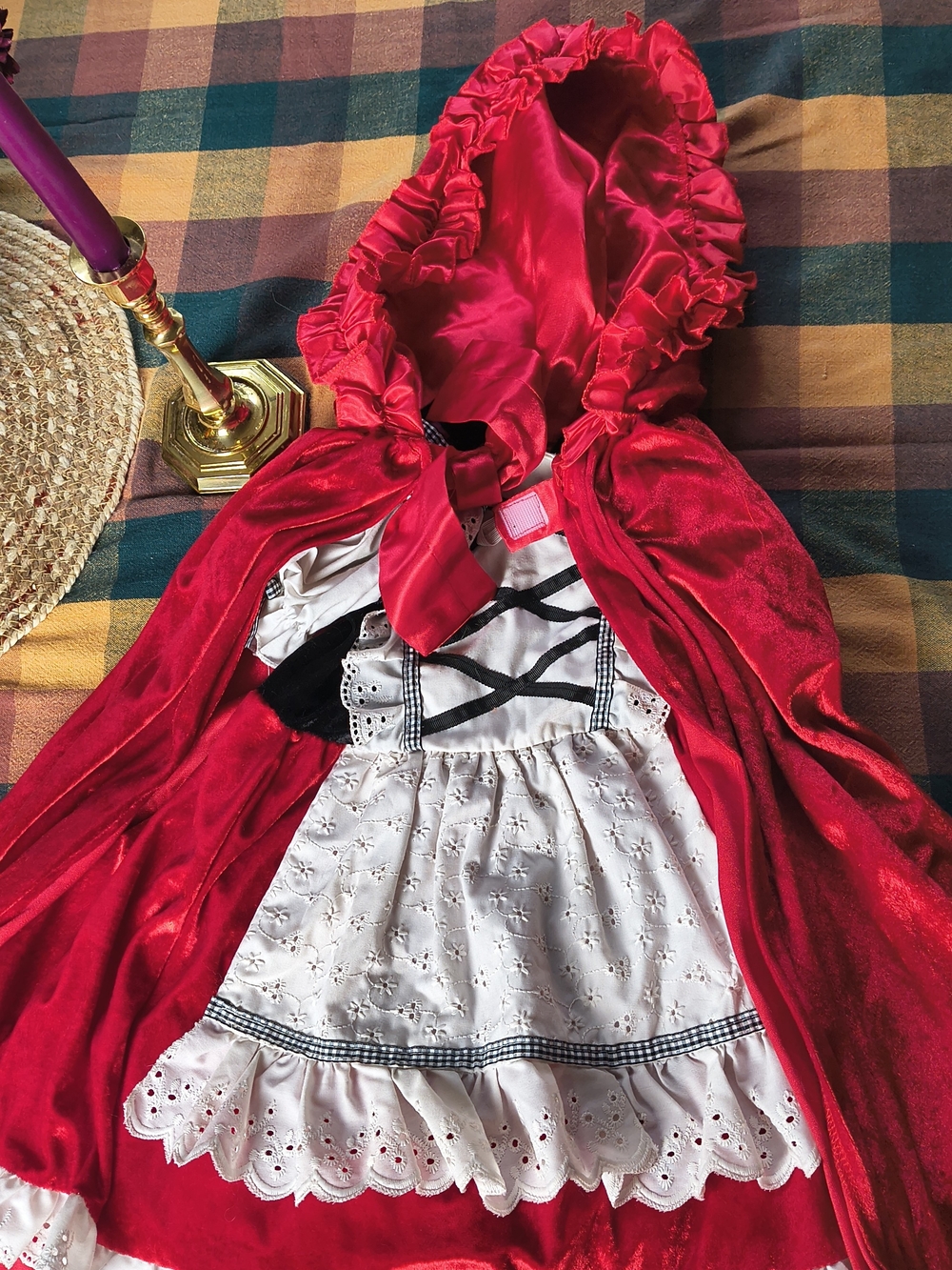 Girls' Red Little Red Riding Hood Costume Cape with White Eyelet Dress